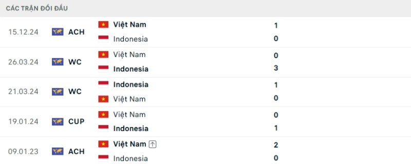 Kết quả đối đầu Indonesia vs Việt Nam